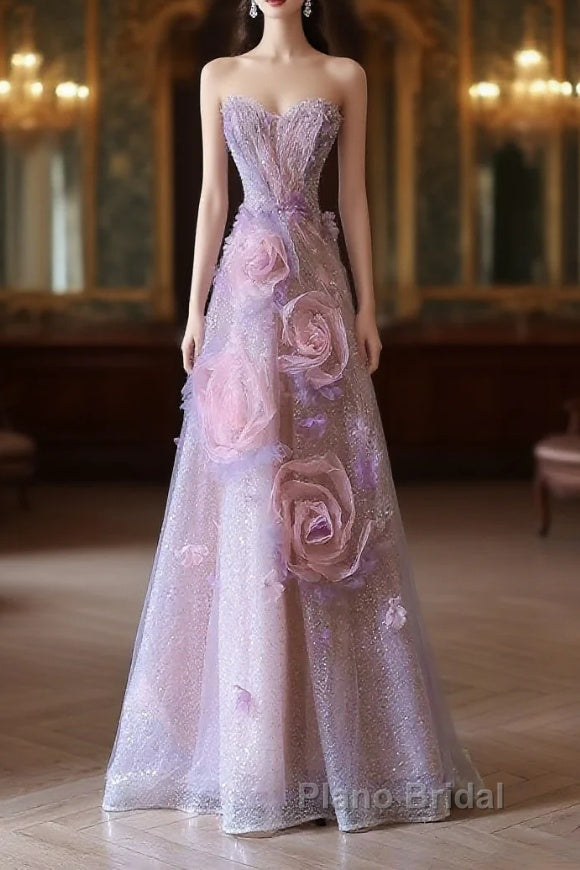 Pretty Ball Gown Sweetheart Pink Floral Tulle Long Formal Prom Dresses Evening Gowns