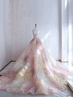 Pretty Ball Gown Sweetheart Pink Flowers Tulle Long Quinceanera Dresses Formal Short Sleeves Flowers Vestido De 15 Anos Sweet 16 Dresses