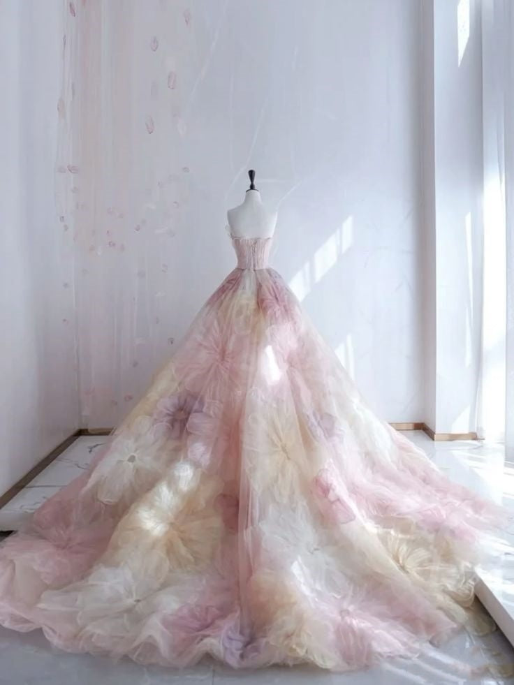 Pretty Ball Gown Sweetheart Pink Flowers Tulle Long Quinceanera Dresses Formal Short Sleeves Flowers Vestido De 15 Anos Sweet 16 Dresses