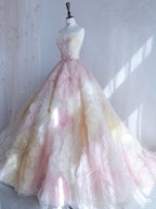 Pretty Ball Gown Sweetheart Pink Flowers Tulle Long Quinceanera Dresses Formal Short Sleeves Flowers Vestido De 15 Anos Sweet 16 Dresses