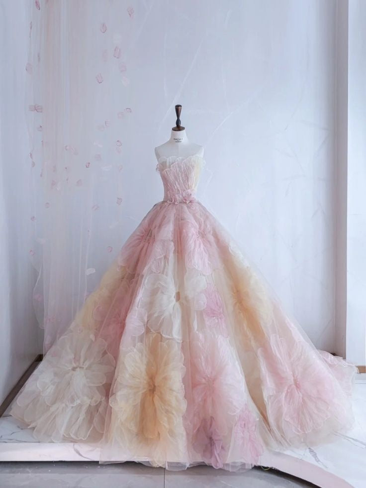 Pretty Ball Gown Sweetheart Pink Flowers Tulle Long Quinceanera Dresses Formal Short Sleeves Flowers Vestido De 15 Anos Sweet 16 Dresses Main image