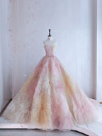 Pretty Ball Gown Sweetheart Pink Flowers Tulle Long Quinceanera Dresses Formal Short Sleeves Flowers Vestido De 15 Anos Sweet 16 Dresses