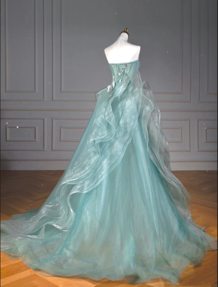 Pretty Ball Gown Sweetheart Tulle Green Long Formal Evening Dresses Formal Prom Dresses With Ruffles