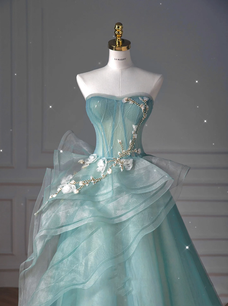 Pretty Ball Gown Sweetheart Tulle Green Long Formal Evening Dresses Formal Prom Dresses With Ruffles