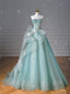 Pretty Ball Gown Sweetheart Tulle Green Long Formal Evening Dresses Formal Prom Dresses With Ruffles