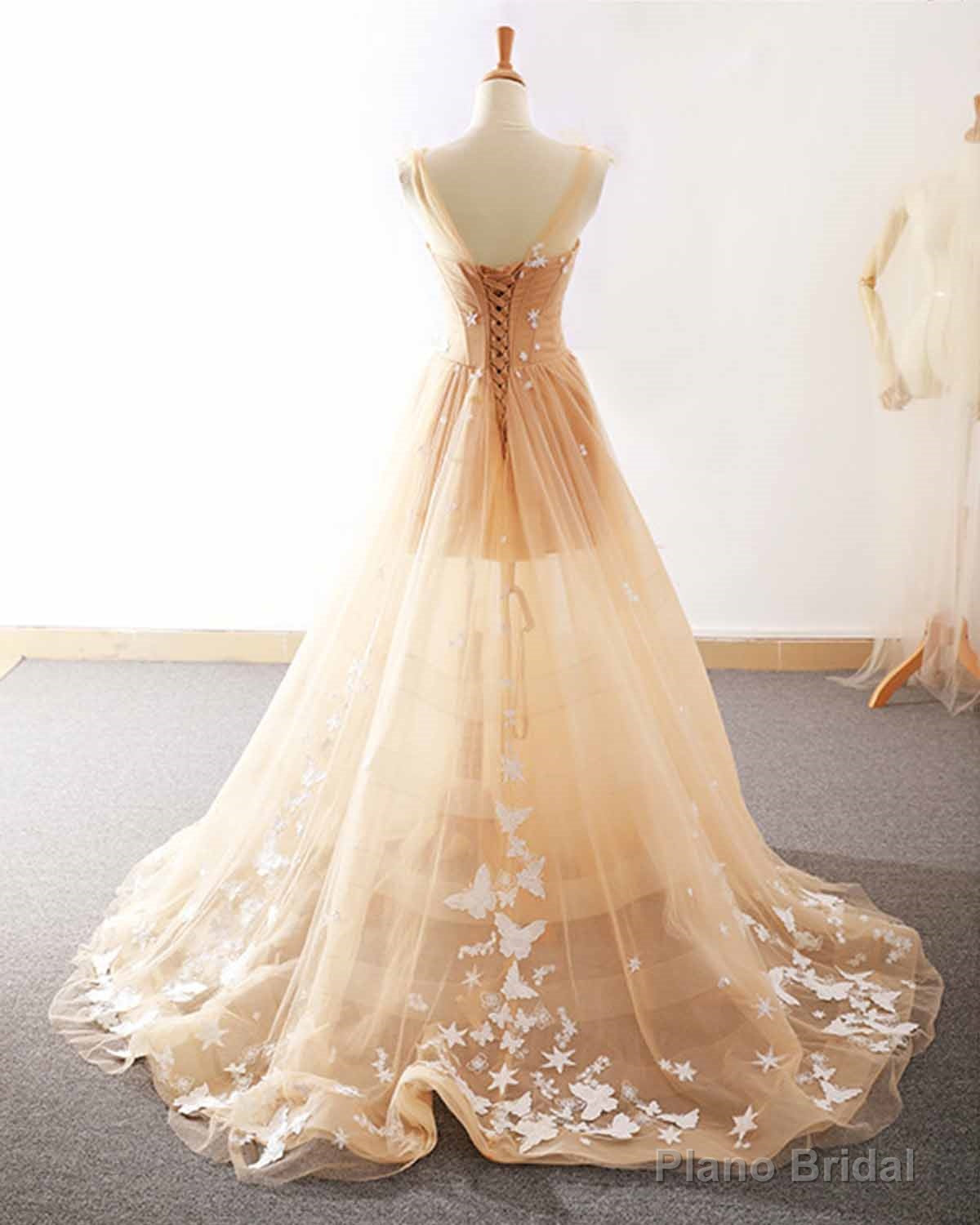 Pretty Champagne Straps Custom Tulle Party Dress, Lace Applique Formal Dress
