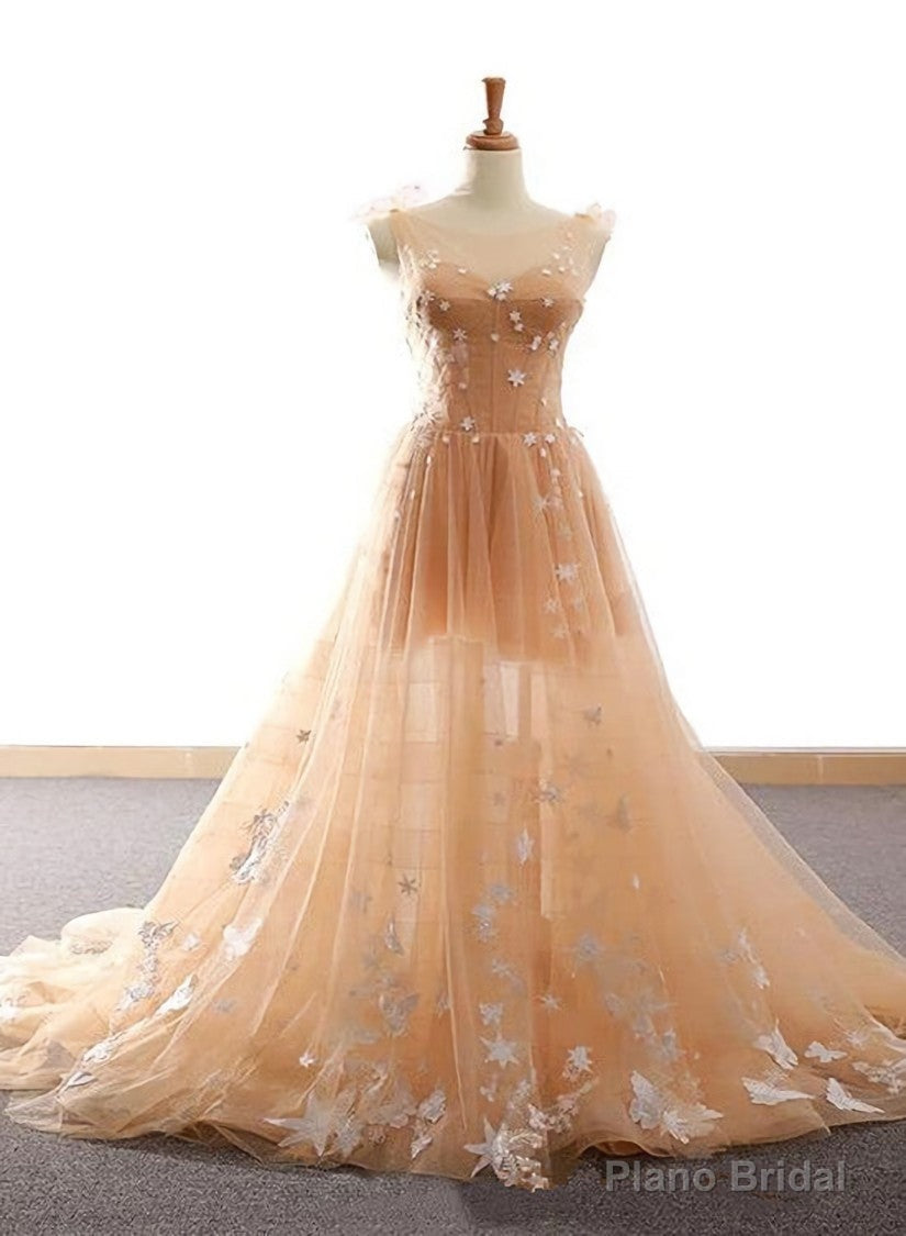 Pretty Champagne Straps Custom Tulle Party Dress, Lace Applique Formal Dress Secondary image