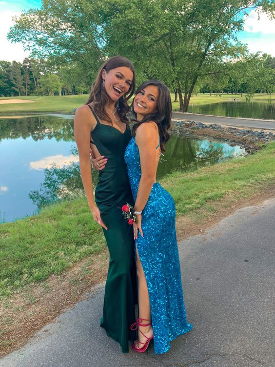 Dark Green New Backless Satin Floor Length Long Formal Prom Dresses