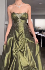 Pretty Forest Green A-Line Long Formal Prom Dresses With Silver Beads Sweet Strapless Satin Formal Evening Dresses