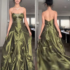 Pretty Forest Green A-Line Long Formal Prom Dresses With Silver Beads Sweet Strapless Satin Formal Evening Dresses