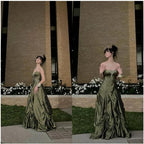 Pretty Forest Green A-Line Long Formal Prom Dresses With Silver Beads Sweet Strapless Satin Formal Evening Dresses