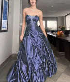 Pretty Forest Green A-Line Long Formal Prom Dresses With Silver Beads Sweet Strapless Satin Formal Evening Dresses