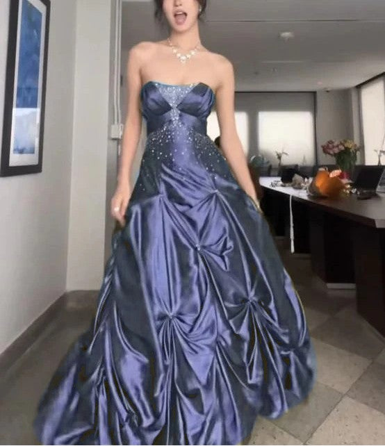 Pretty Forest Green A-Line Long Formal Prom Dresses With Silver Beads Sweet Strapless Satin Formal Evening Dresses