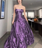 Pretty Forest Green A-Line Long Formal Prom Dresses With Silver Beads Sweet Strapless Satin Formal Evening Dresses