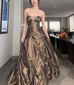 Pretty Forest Green A-Line Long Formal Prom Dresses With Silver Beads Sweet Strapless Satin Formal Evening Dresses