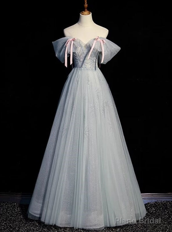 Pretty Gray Tulle Off the Shoulder Beading Bow Prom Dress Main image