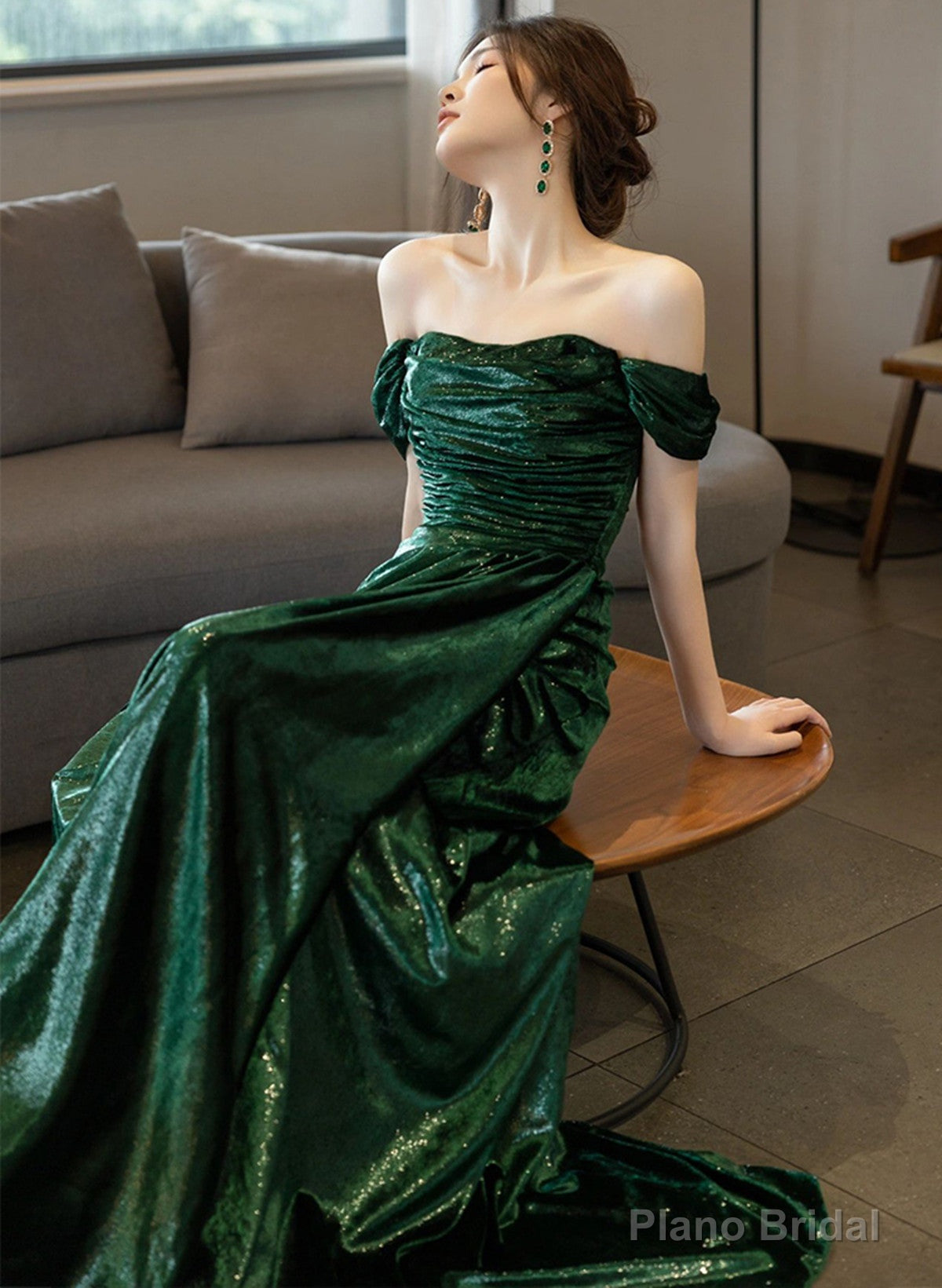 Pretty Green Off Shoulder Simple Evening Dress, Green Long Prom Dress Secondary image