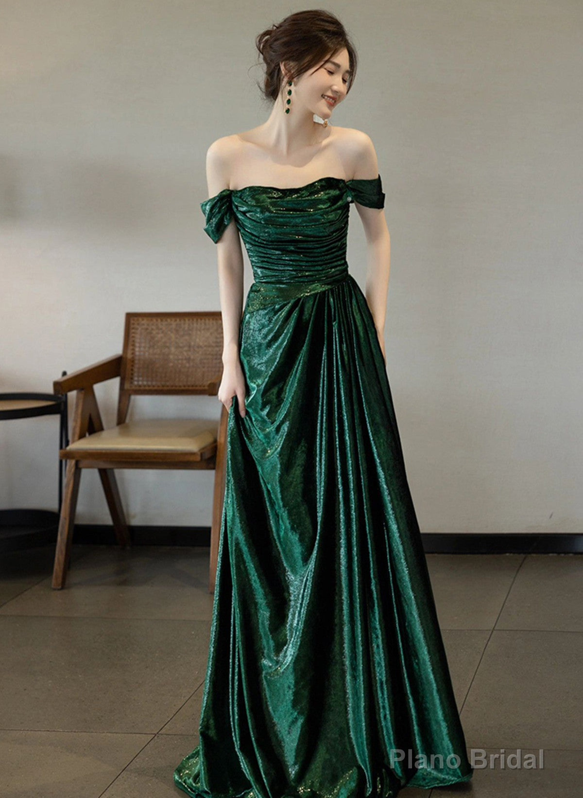 Pretty Green Off Shoulder Simple Evening Dress, Green Long Prom Dress Main image