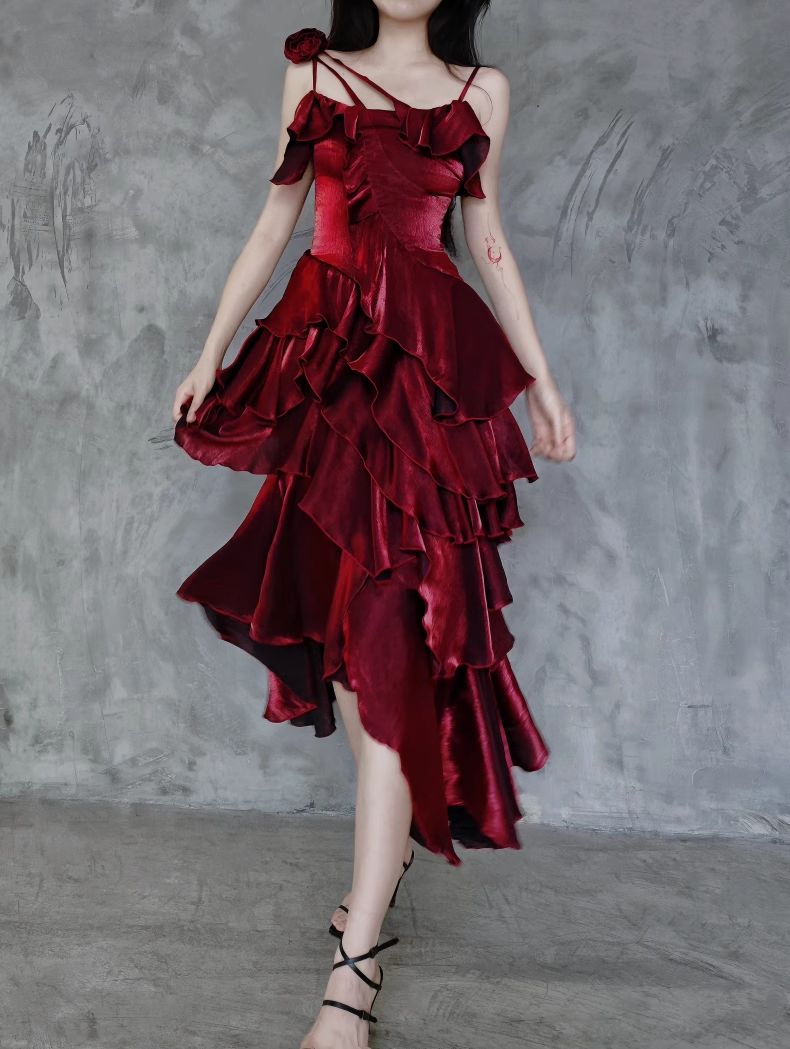 Pretty Irregular Ruffled Spaghetti Straps Burgundy Formal Prom Dresses With Detachable Rose Long Birthday Dresses For Women Secondary image