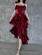 Pretty Irregular Ruffled Spaghetti Straps Burgundy Formal Prom Dresses With Detachable Rose Long Birthday Dresses For Women