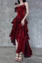 Pretty Irregular Ruffled Spaghetti Straps Burgundy Formal Prom Dresses With Detachable Rose Long Birthday Dresses For Women