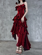 Pretty Irregular Ruffled Spaghetti Straps Burgundy Formal Prom Dresses With Detachable Rose Long Birthday Dresses For Women