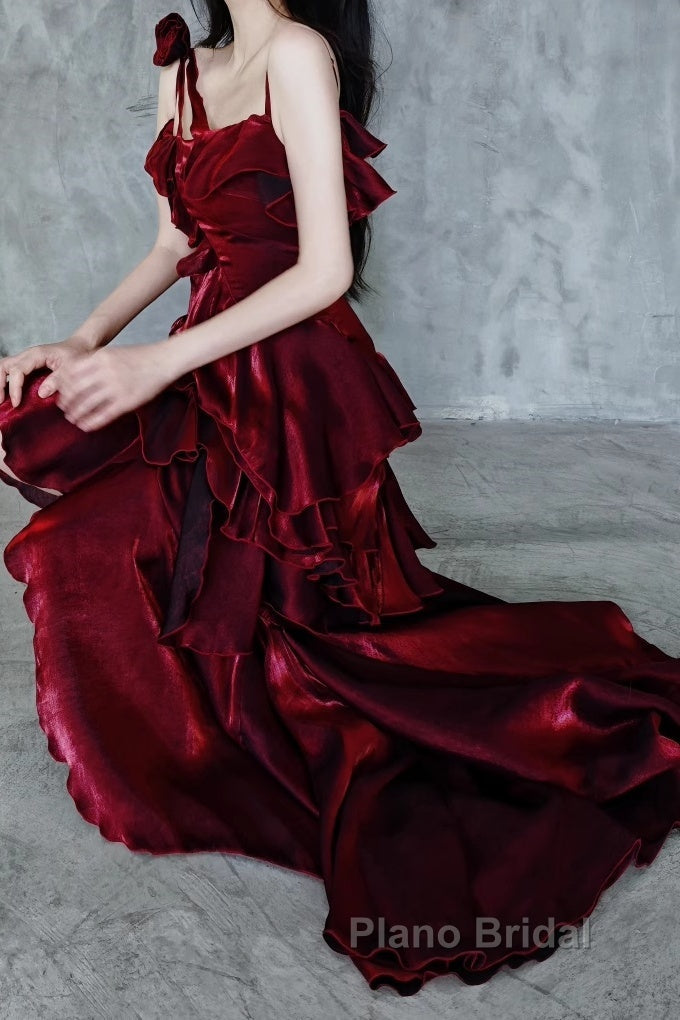Pretty Irregular Ruffled Spaghetti Straps Burgundy Formal Prom Dresses With Detachable Rose Long Birthday Dresses For Women