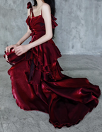 Pretty Irregular Ruffled Spaghetti Straps Burgundy Formal Prom Dresses With Detachable Rose Long Birthday Dresses For Women