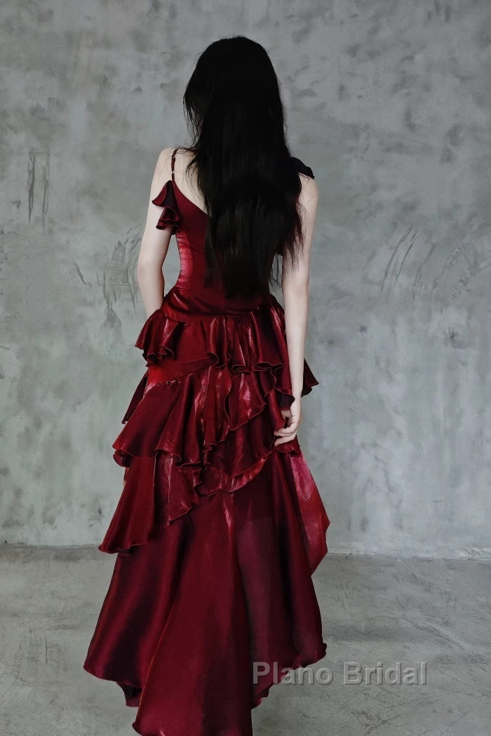 Pretty Irregular Ruffled Spaghetti Straps Burgundy Formal Prom Dresses With Detachable Rose Long Birthday Dresses For Women