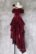 Pretty Irregular Ruffled Spaghetti Straps Burgundy Formal Prom Dresses With Detachable Rose Long Birthday Dresses For Women