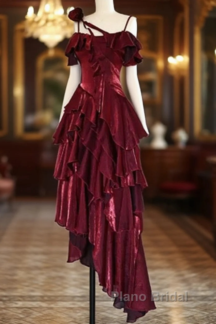 Pretty Irregular Ruffled Spaghetti Straps Burgundy Formal Prom Dresses With Detachable Rose Long Birthday Dresses For Women Main image