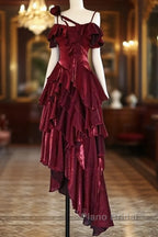 Pretty Irregular Ruffled Spaghetti Straps Burgundy Formal Prom Dresses With Detachable Rose Long Birthday Dresses For Women