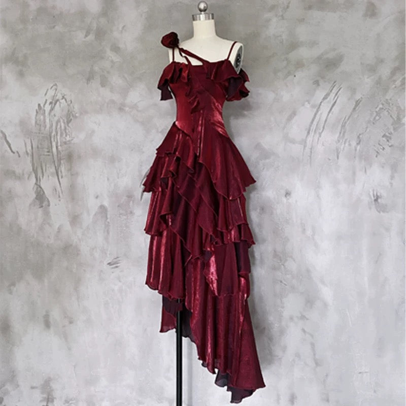 Pretty Irregular Ruffled Spaghetti Straps Burgundy Formal Prom Dresses With Detachable Rose Long Birthday Dresses For Women Main image