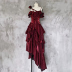 Pretty Irregular Ruffled Spaghetti Straps Burgundy Formal Prom Dresses With Detachable Rose Long Birthday Dresses For Women
