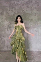 Pretty Irregular Ruffled Spaghetti Straps Green Formal Prom Dresses With Detachable Rose Long Birthday Dresses For Women