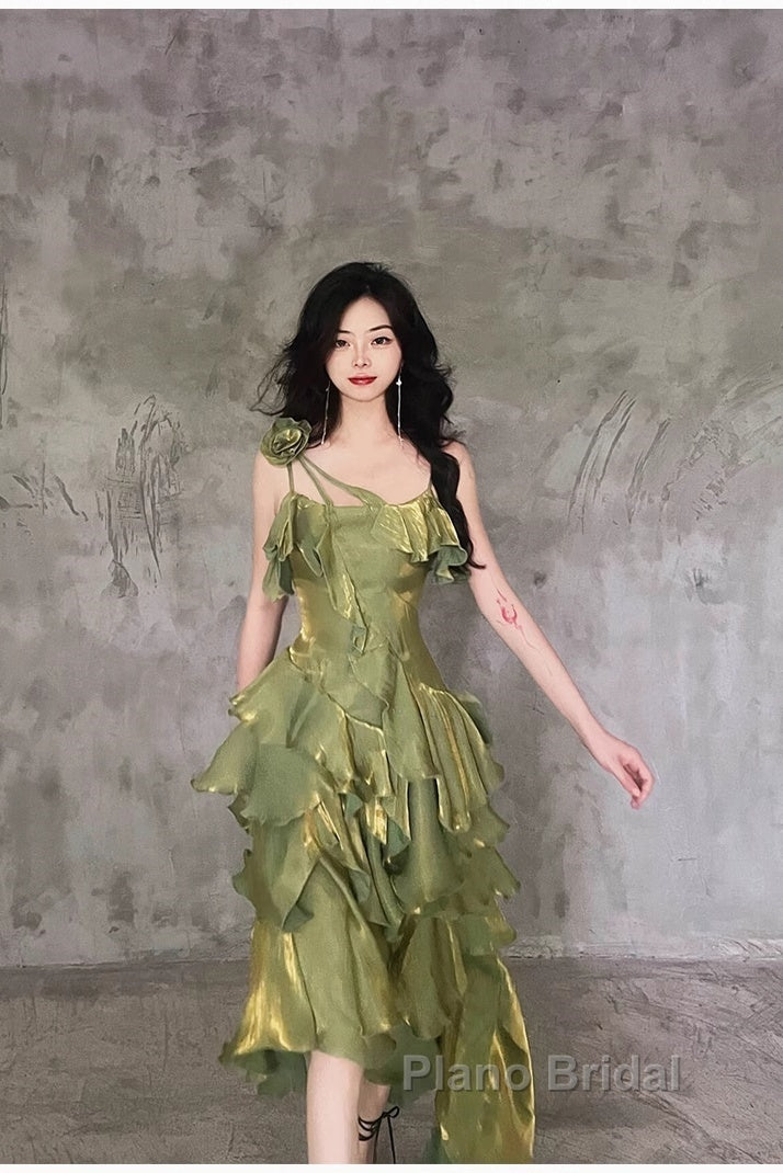 Pretty Irregular Ruffled Spaghetti Straps Green Formal Prom Dresses With Detachable Rose Long Birthday Dresses For Women