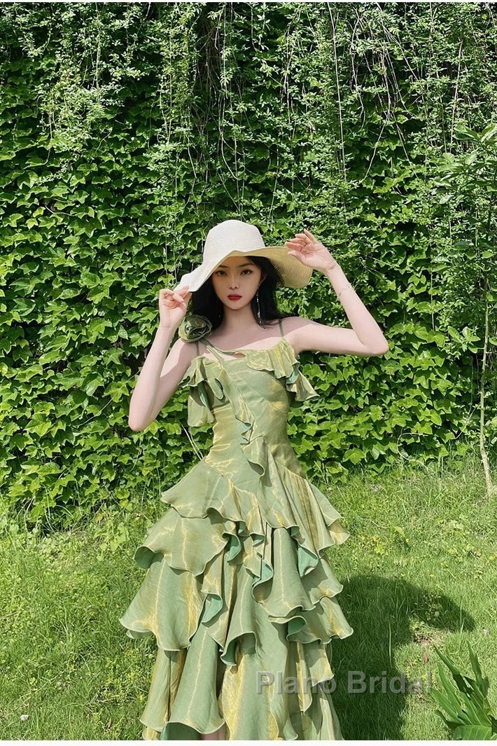 Pretty Irregular Ruffled Spaghetti Straps Green Formal Prom Dresses With Detachable Rose Long Birthday Dresses For Women