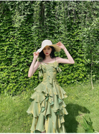 Pretty Irregular Ruffled Spaghetti Straps Green Formal Prom Dresses With Detachable Rose Long Birthday Dresses For Women