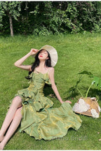 Pretty Irregular Ruffled Spaghetti Straps Green Formal Prom Dresses With Detachable Rose Long Birthday Dresses For Women