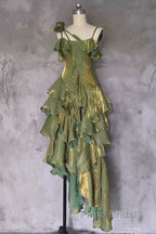 Pretty Irregular Ruffled Spaghetti Straps Green Formal Prom Dresses With Detachable Rose Long Birthday Dresses For Women