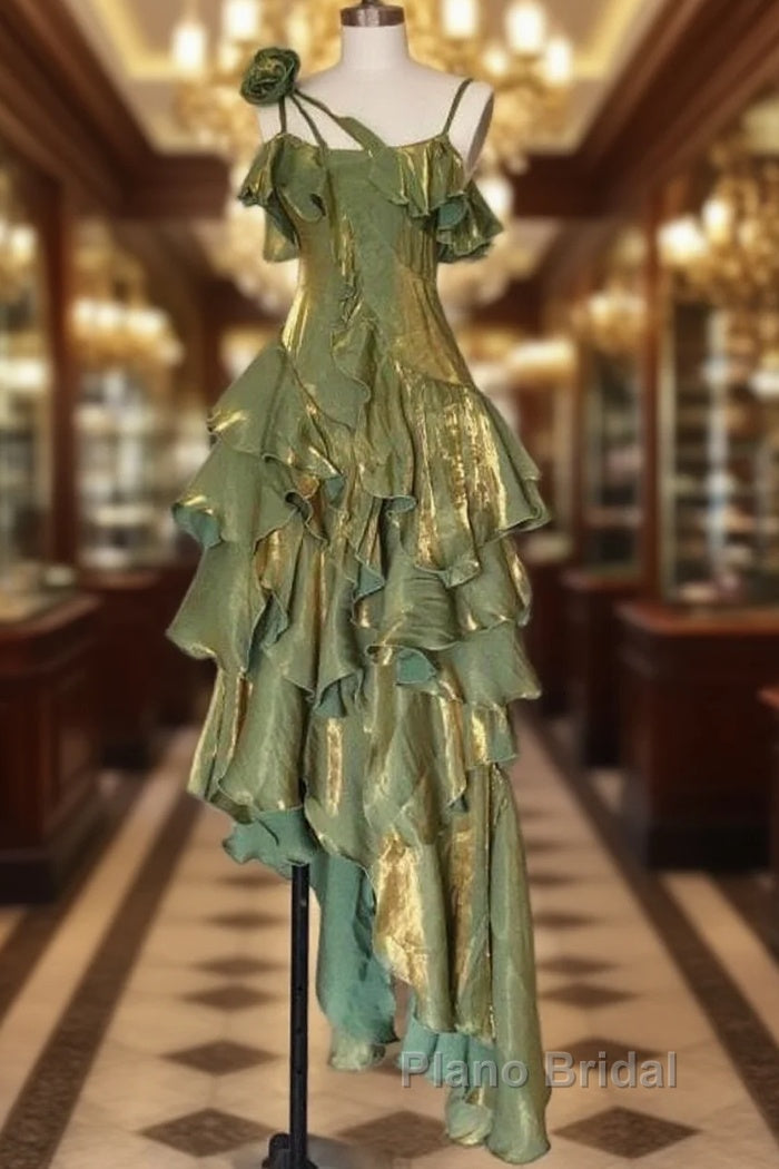 Pretty Irregular Ruffled Spaghetti Straps Green Formal Prom Dresses With Detachable Rose Long Birthday Dresses For Women Main image