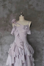 Pretty Irregular Ruffled Suspender Formal Prom Dresses With Detachable Rose Long Birthday Dresses For Women