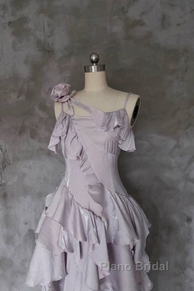 Pretty Irregular Ruffled Suspender Formal Prom Dresses With Detachable Rose Long Birthday Dresses For Women