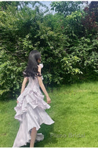 Pretty Irregular Ruffled Suspender Formal Prom Dresses With Detachable Rose Long Birthday Dresses For Women