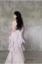 Pretty Irregular Ruffled Suspender Formal Prom Dresses With Detachable Rose Long Birthday Dresses For Women