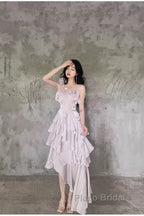 Pretty Irregular Ruffled Suspender Formal Prom Dresses With Detachable Rose Long Birthday Dresses For Women