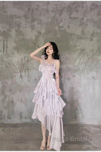 Pretty Irregular Ruffled Suspender Formal Prom Dresses With Detachable Rose Long Birthday Dresses For Women