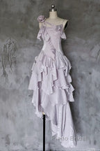 Pretty Irregular Ruffled Suspender Formal Prom Dresses With Detachable Rose Long Birthday Dresses For Women