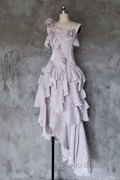 Pretty Irregular Ruffled Suspender Formal Prom Dresses With Detachable Rose Long Birthday Dresses For Women