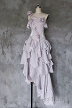 Pretty Irregular Ruffled Suspender Formal Prom Dresses With Detachable Rose Long Birthday Dresses For Women